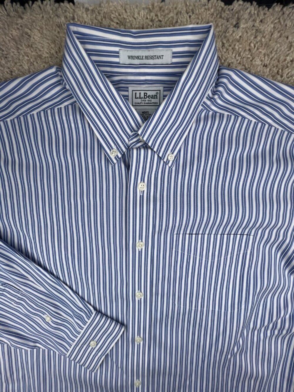 LL Bean Button Up Shirt Long Sleeve Blue White Striped 15.5 33 Cotton 0GDN6